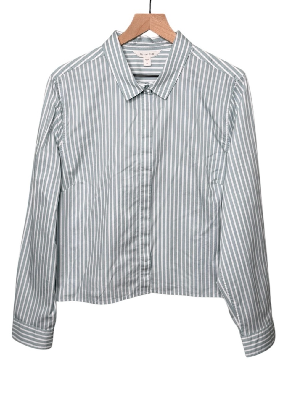 NEW Garnet Hill Organic Pima Cotton Crop Button Down Shirt Stripe Blue White 16